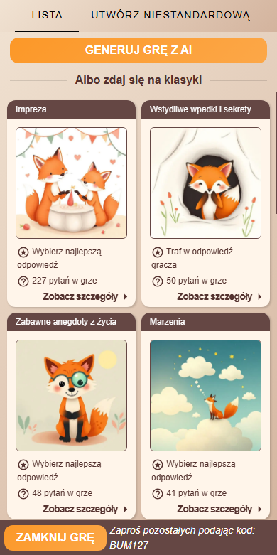 Menu tworzenia gry — generowanie AI i gotowe katalogi